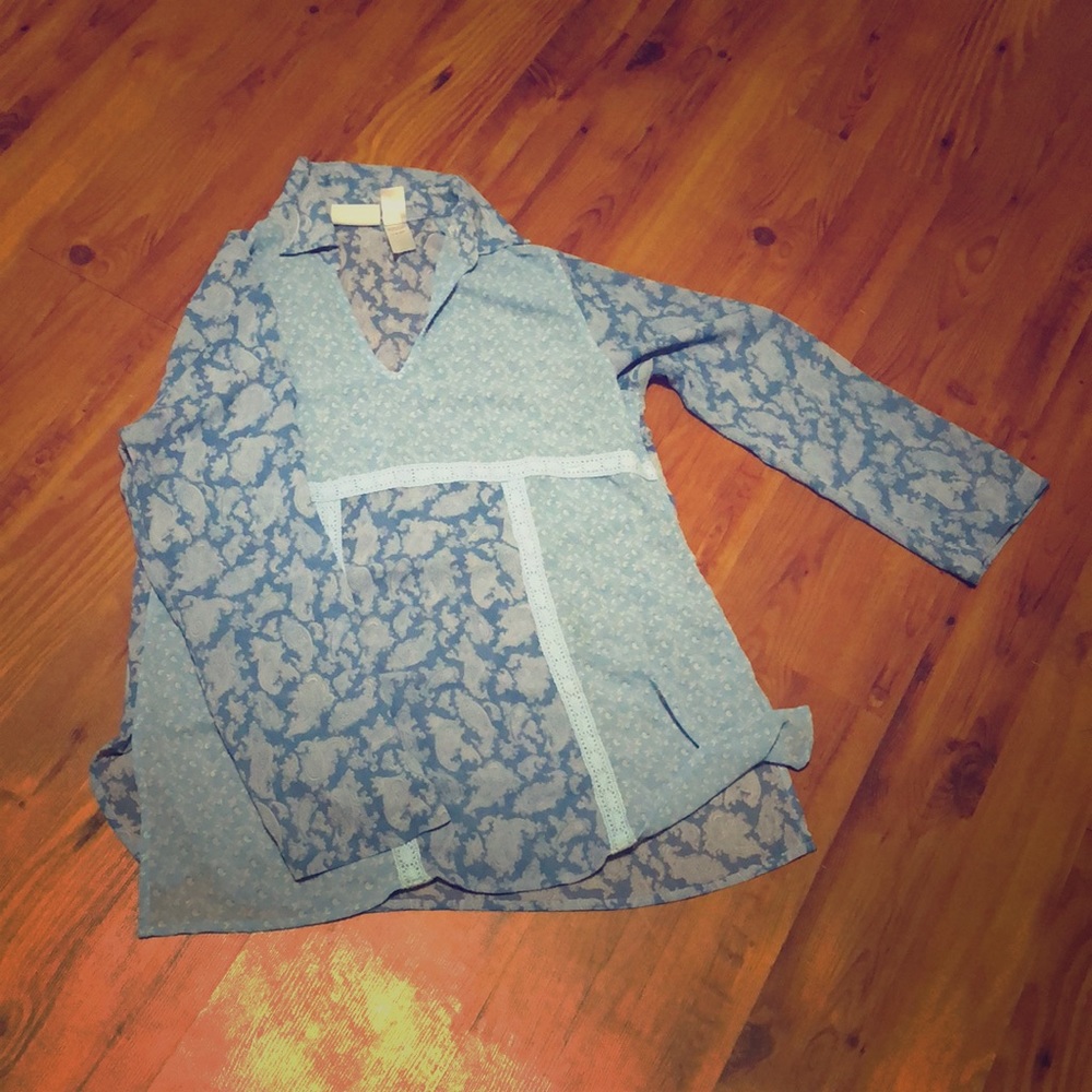 Long sleeve polyester shirt blue paisley blouse